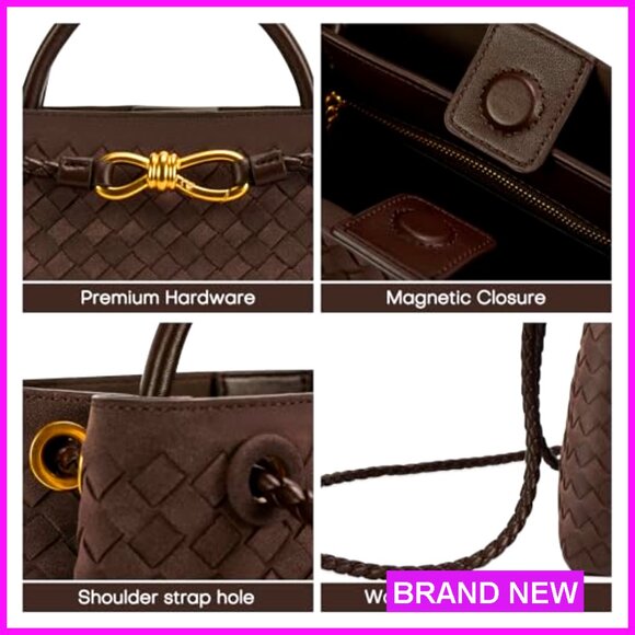 Woven PU Leather Tote Bag Adjustable Strap Top Handle Shoulder Purse - Picture 6 of 7